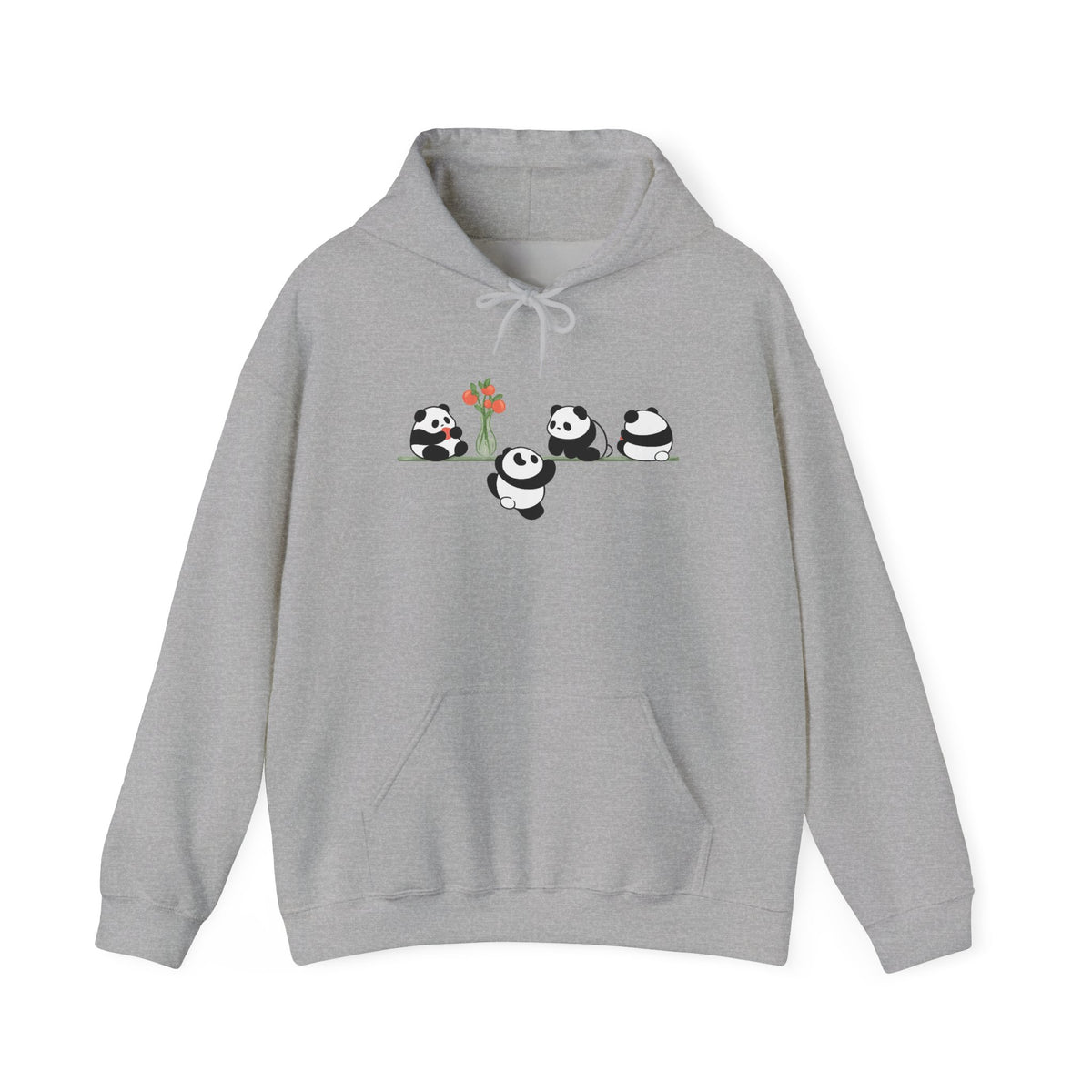 Pandas on a Line Hoodie — Cute Cartoon Pandas Holding Flower Pullover