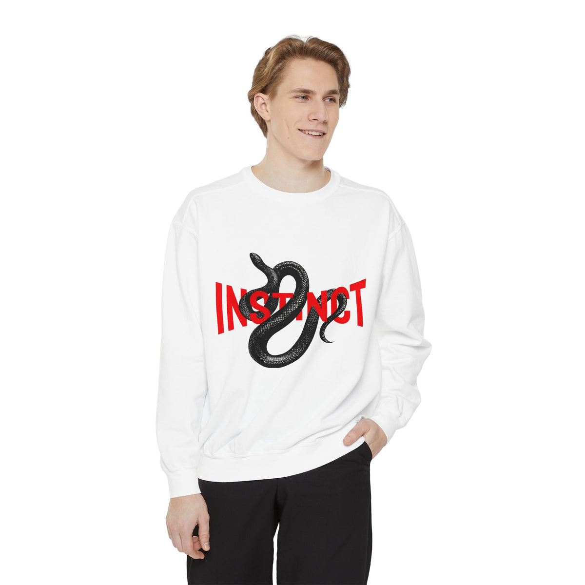 Instinct Snake Sweatshirt — Graphic Crewneck with Bold Red Text