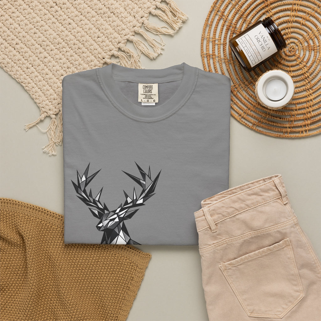 Geometric Stag T-Shirt — Black Polygon Deer Graphic Tee
