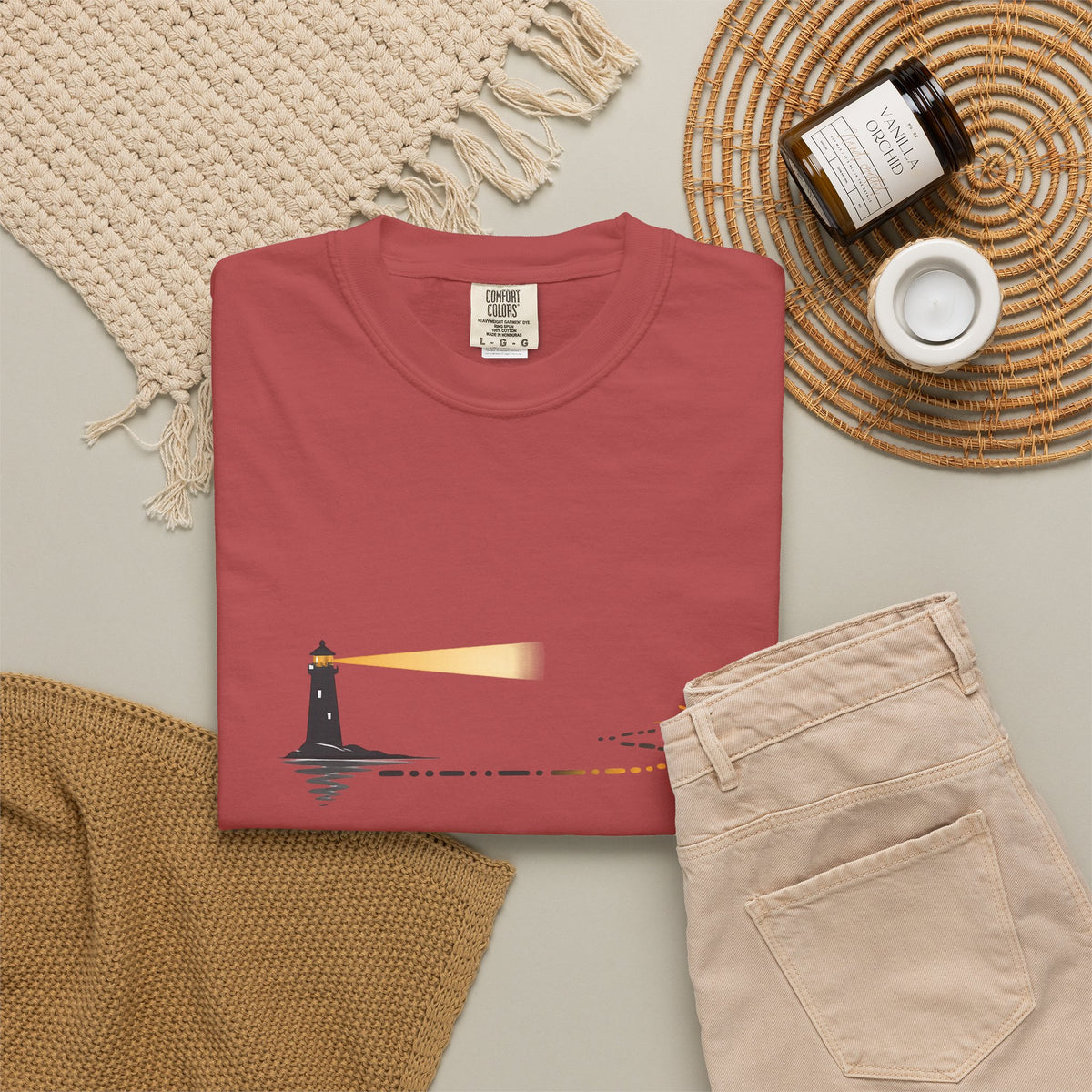Lighthouse Sunset T-Shirt — Nautical Coastal Tee with Beacon Graphic