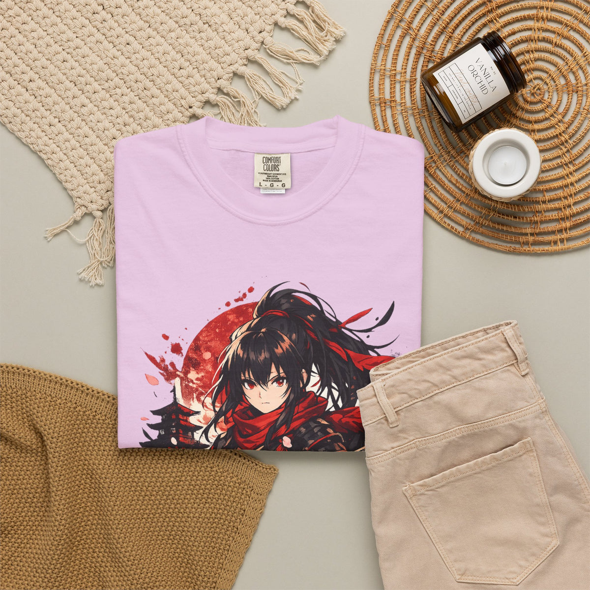 Samurai Anime Girl T-Shirt — Red Moon & Sakura Sword Art Tee