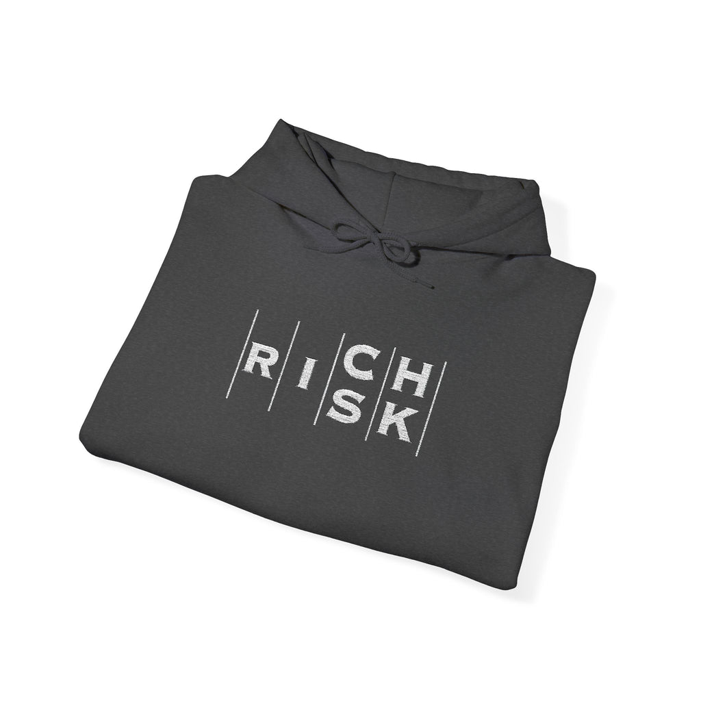 Risk/Reward Graphic Hoodie — “RISK | RICH” Distressed Text Sweatshirt