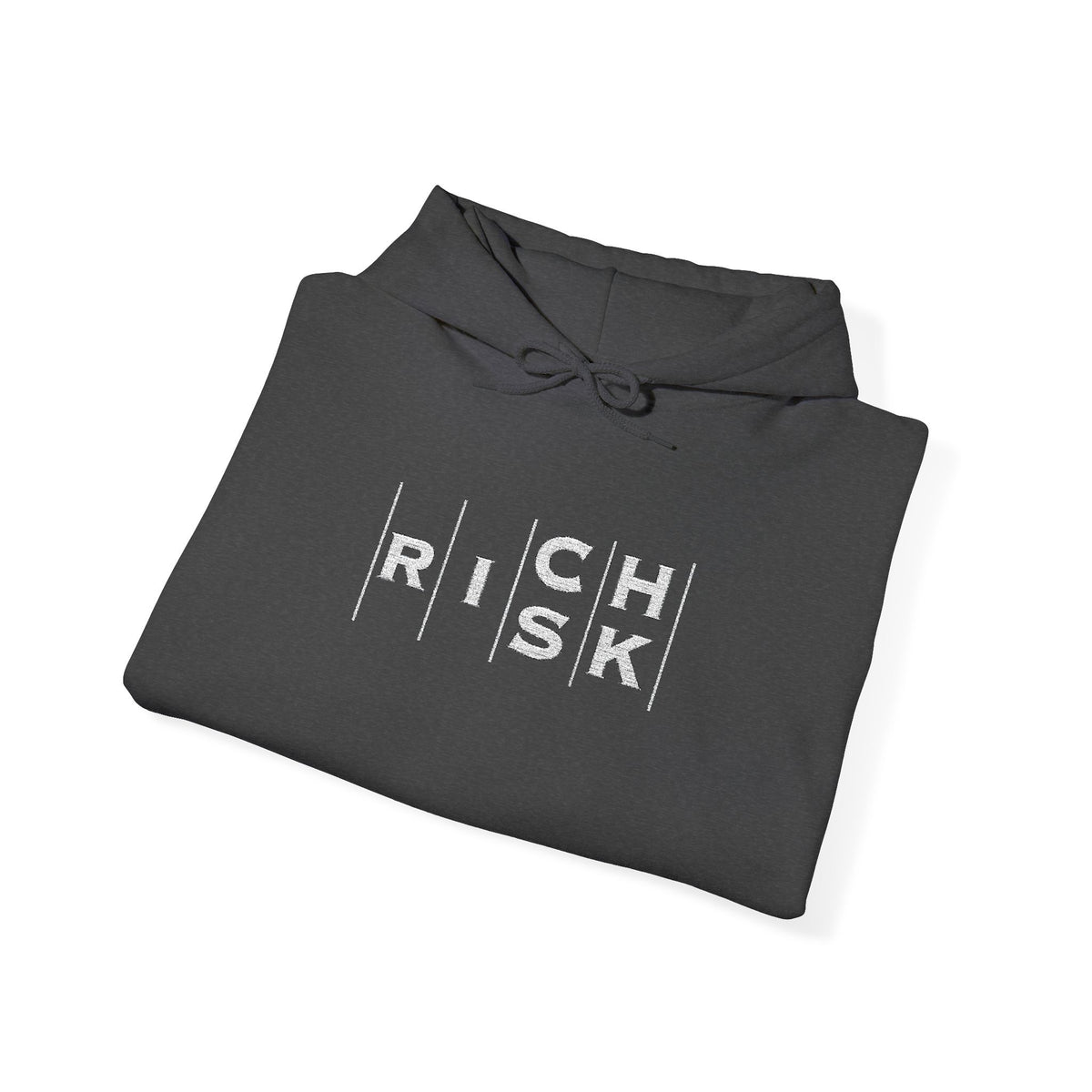 Risk/Reward Graphic Hoodie — “RISK | RICH” Distressed Text Sweatshirt