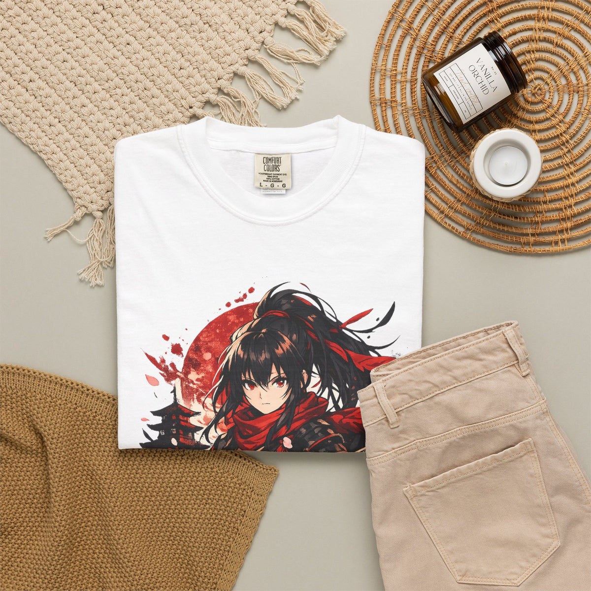 Samurai Anime Girl T-Shirt — Red Moon & Sakura Sword Art Tee