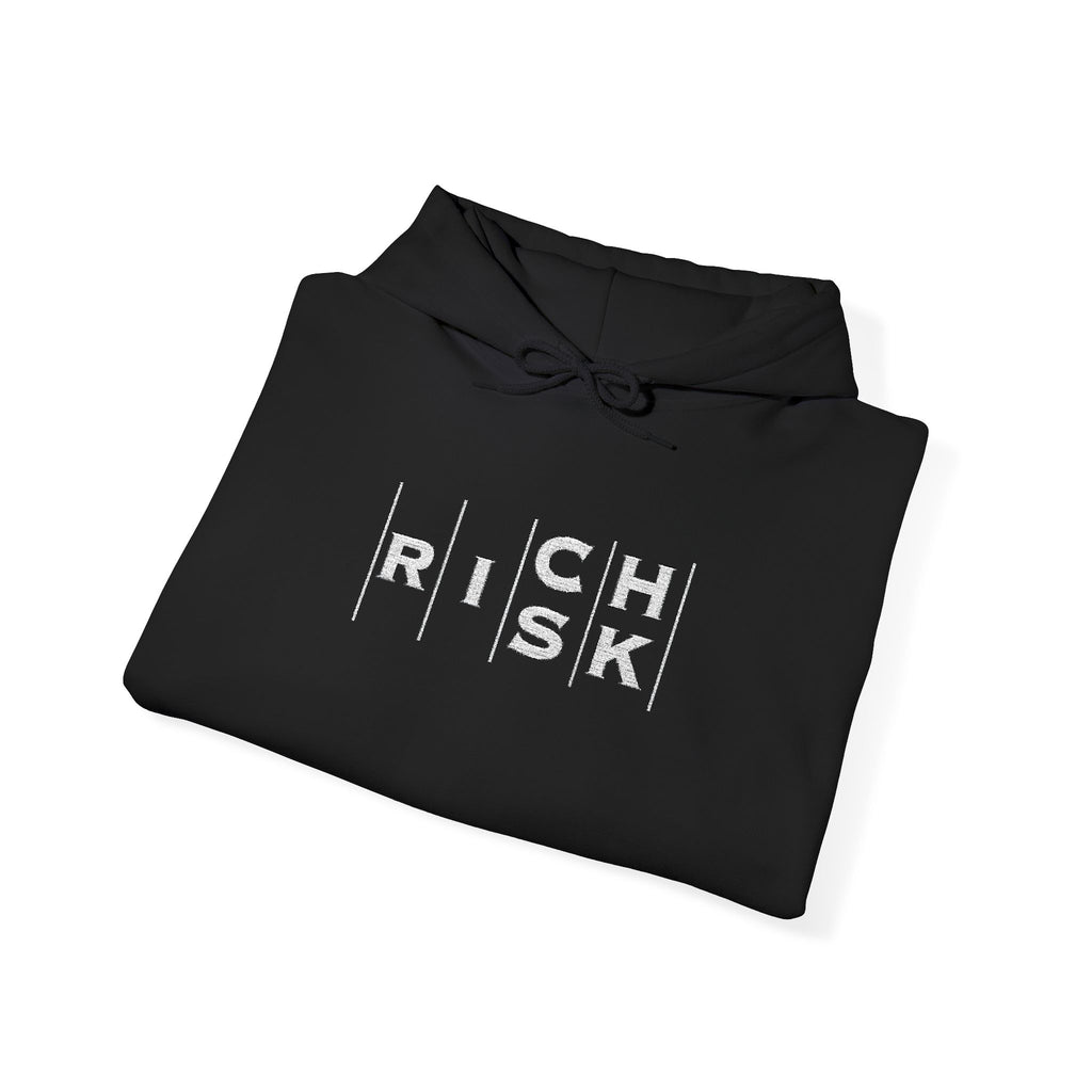 Risk/Reward Graphic Hoodie — “RISK | RICH” Distressed Text Sweatshirt