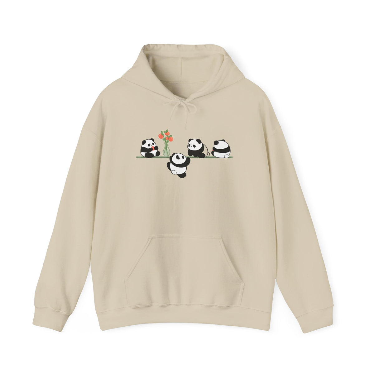 Pandas on a Line Hoodie — Cute Cartoon Pandas Holding Flower Pullover