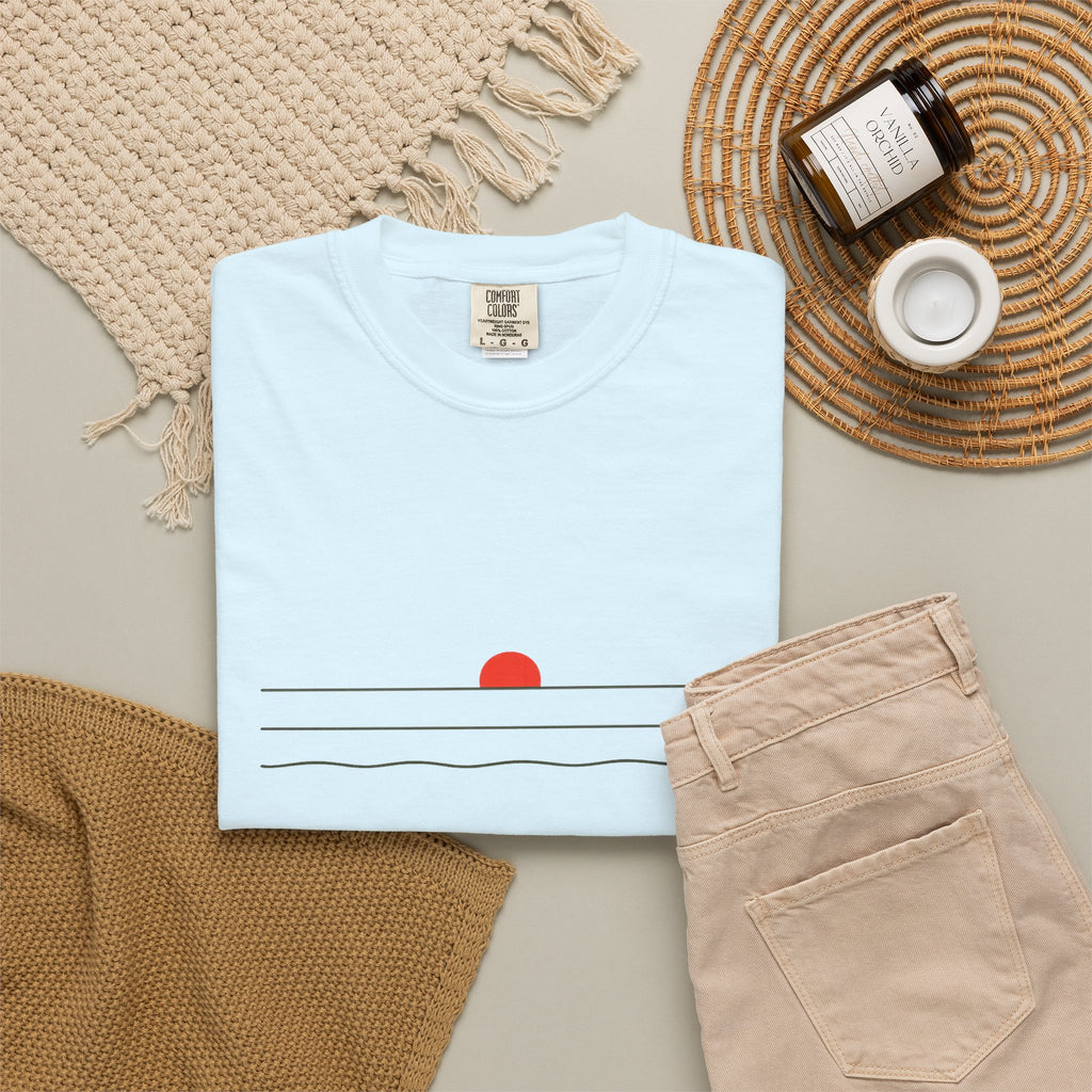 Sunset Minimalist T-Shirt — Red Sun Over Wavy Lines Tee