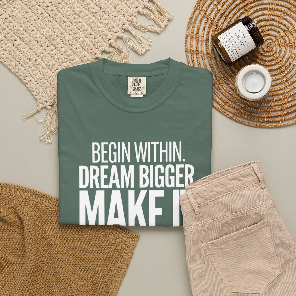 Motivational T-Shirt — “Begin Within. Dream Bigger. Make It Happen.” Inspirational Quote Tee