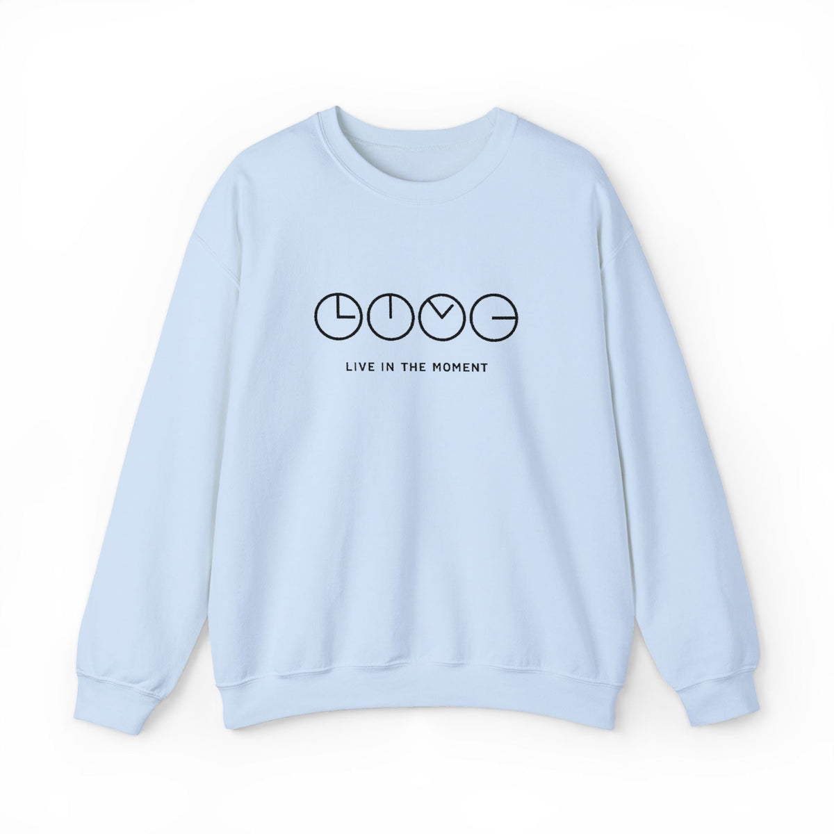 Live In The Moment Crewneck Sweatshirt — Minimal Clock Graphic Embroidered