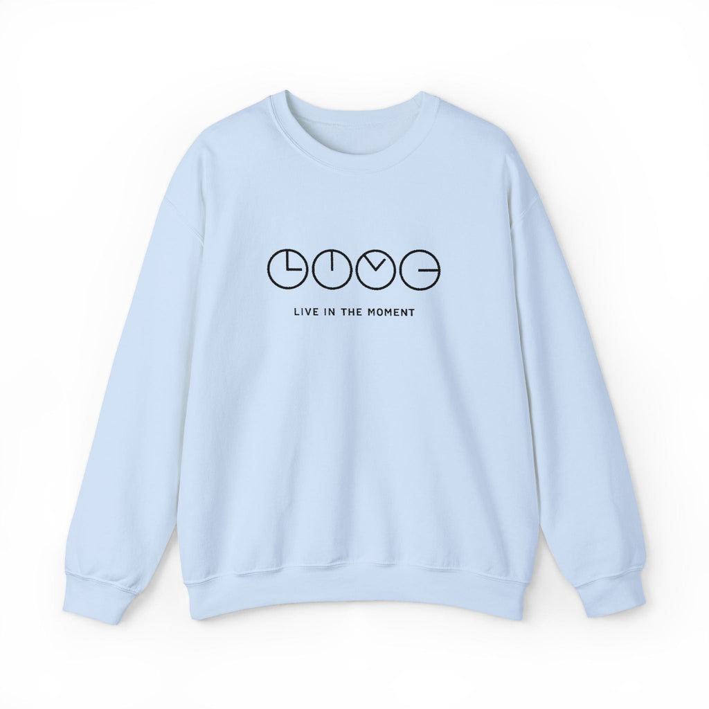Live In The Moment Crewneck Sweatshirt — Minimal Clock Graphic Embroidered