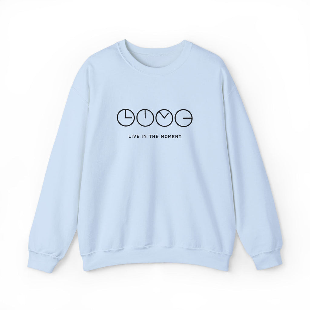 Live In The Moment Crewneck Sweatshirt — Minimal Clock Graphic Embroidered