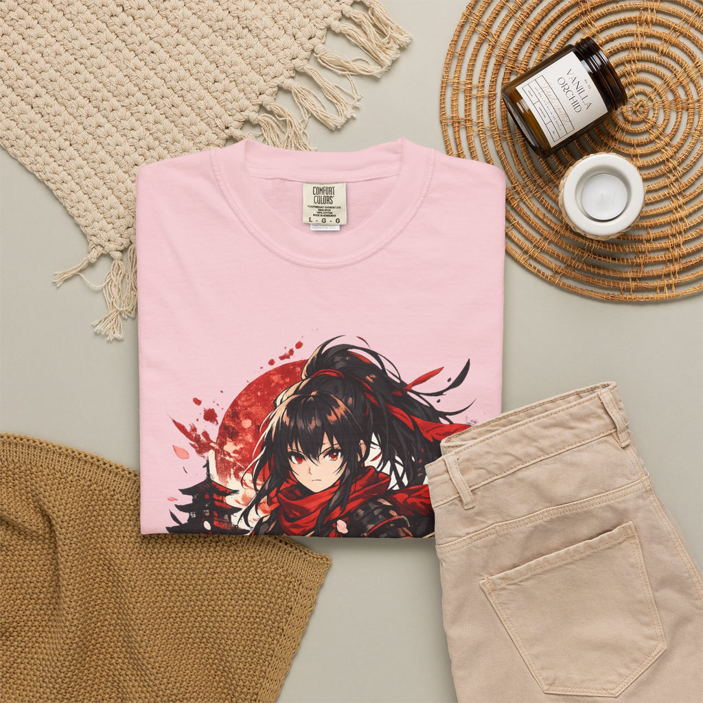 Samurai Anime Girl T-Shirt — Red Moon & Sakura Sword Art Tee