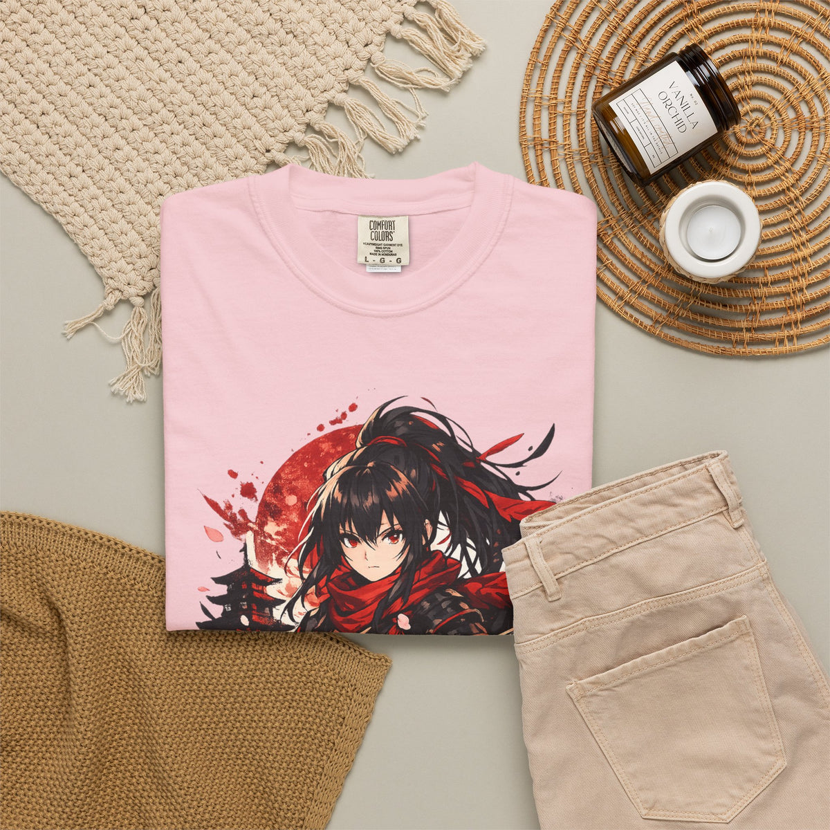 Samurai Anime Girl T-Shirt — Red Moon & Sakura Sword Art Tee