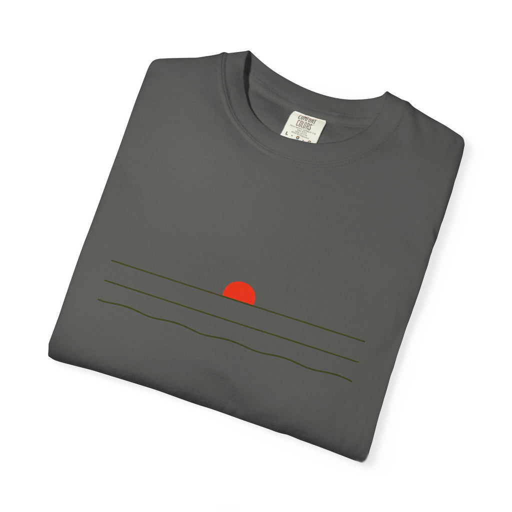 Sunset Minimalist T-Shirt — Red Sun Over Wavy Lines Tee