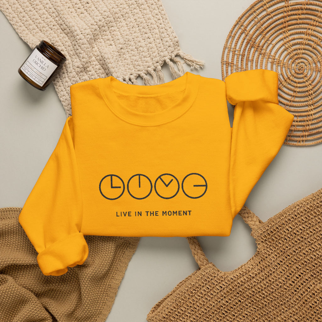 Live In The Moment Crewneck Sweatshirt — Minimal Clock Graphic Embroidered