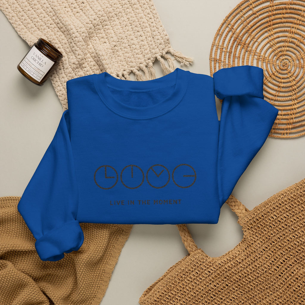 Live In The Moment Crewneck Sweatshirt — Minimal Clock Graphic Embroidered