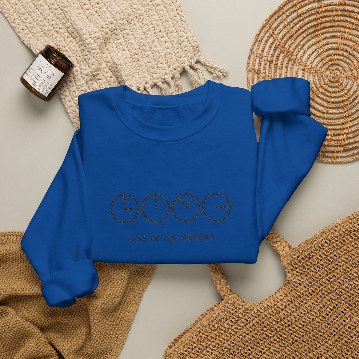 Live In The Moment Crewneck Sweatshirt — Minimal Clock Graphic Embroidered