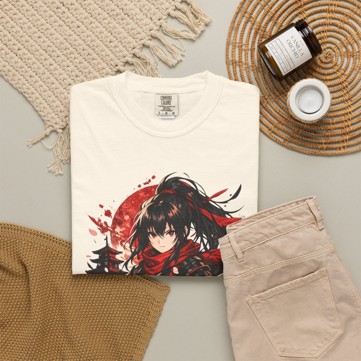 Samurai Anime Girl T-Shirt — Red Moon & Sakura Sword Art Tee