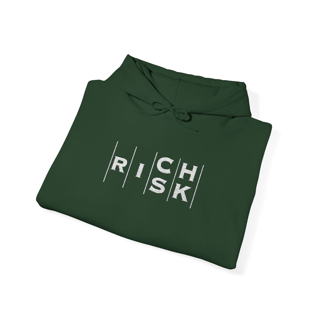 Risk/Reward Graphic Hoodie — “RISK | RICH” Distressed Text Sweatshirt