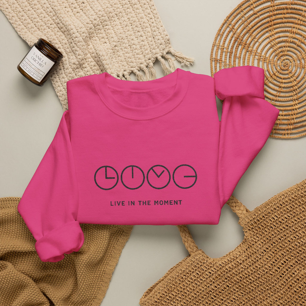 Live In The Moment Crewneck Sweatshirt — Minimal Clock Graphic Embroidered
