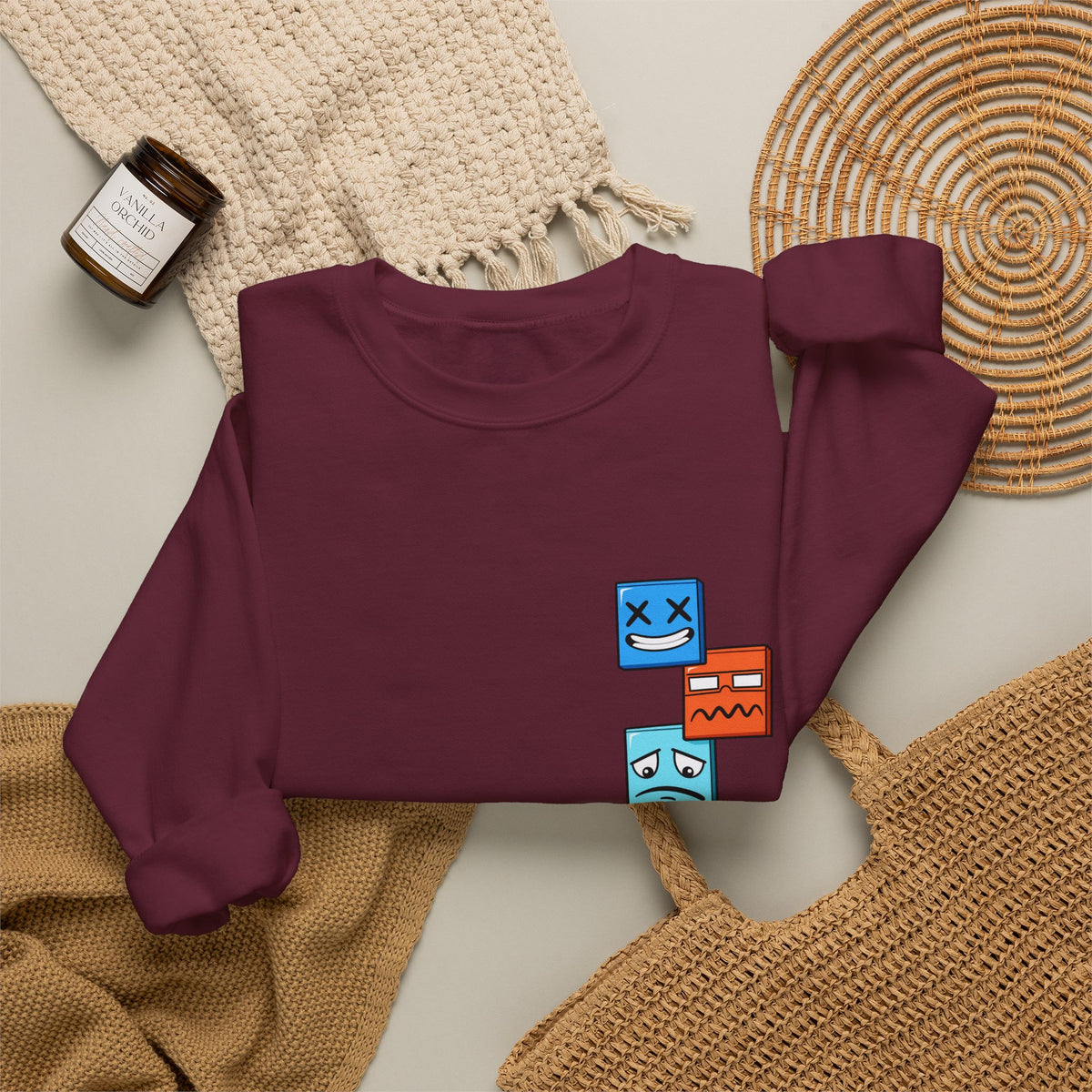 Emotional Blocks Crewneck Sweatshirt — Stacked Expressive Face Cubes Graphic