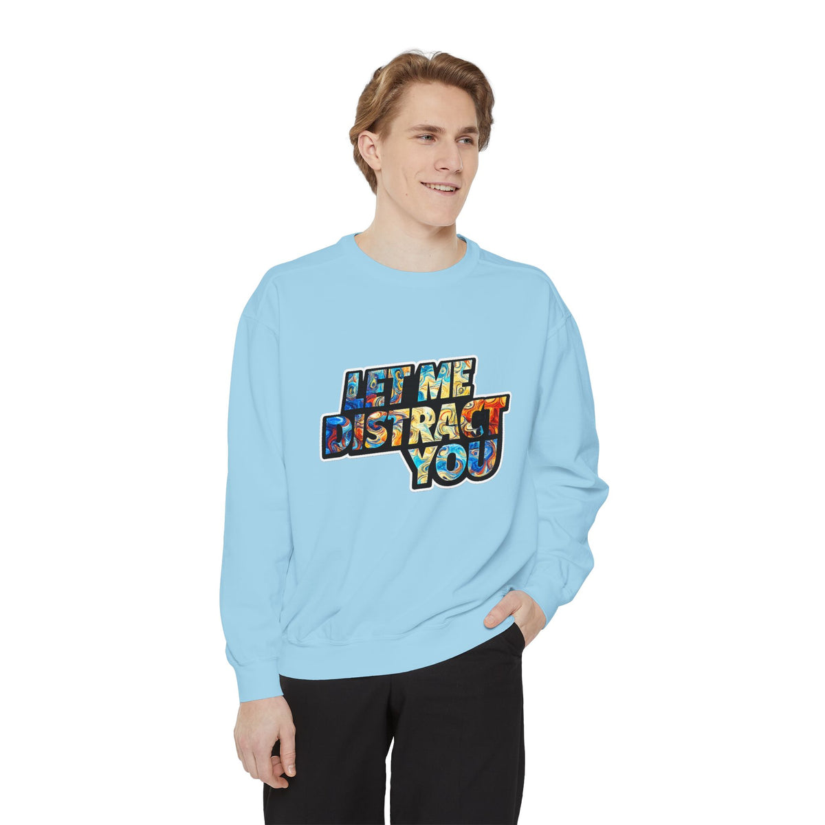 Let Me Distract You Sweatshirt — Colorful Retro Graphic Crewneck