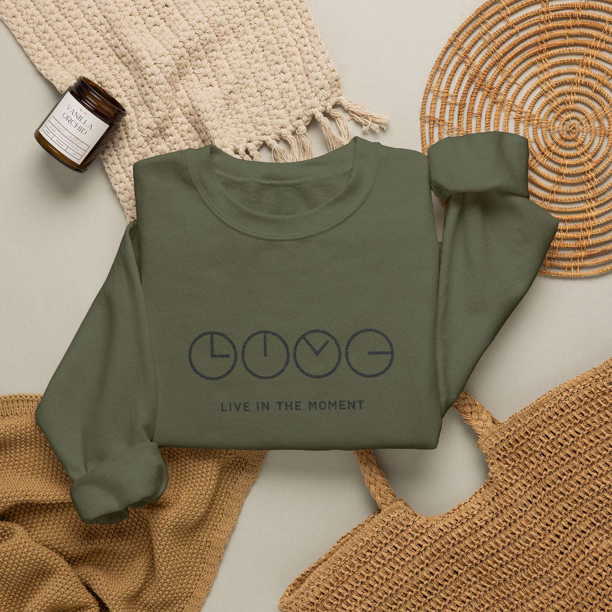 Live In The Moment Crewneck Sweatshirt — Minimal Clock Graphic Embroidered