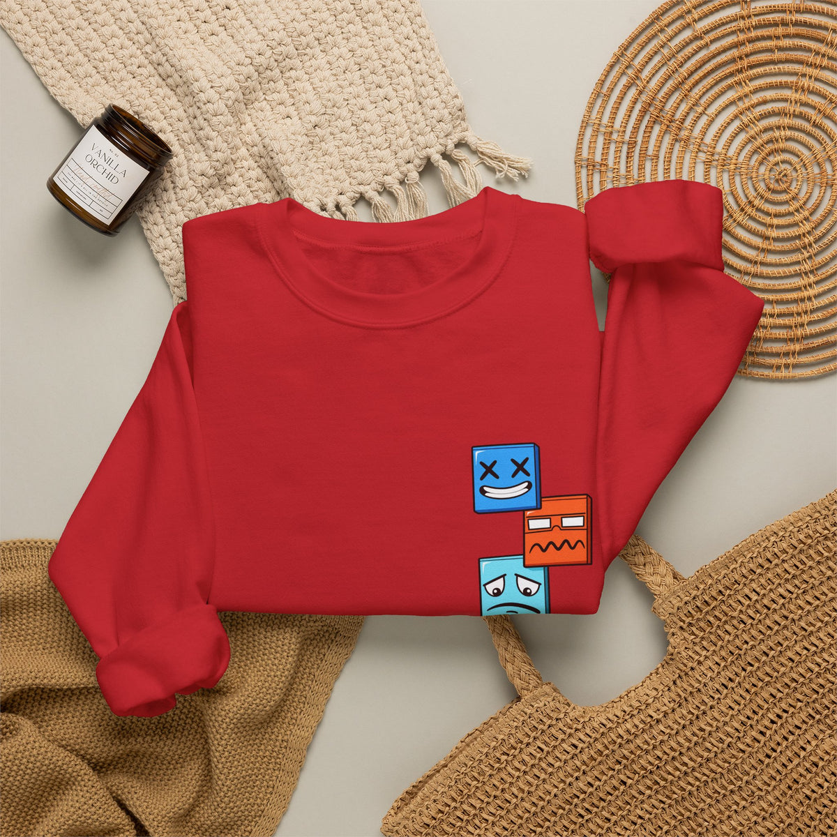 Emotional Blocks Crewneck Sweatshirt — Stacked Expressive Face Cubes Graphic