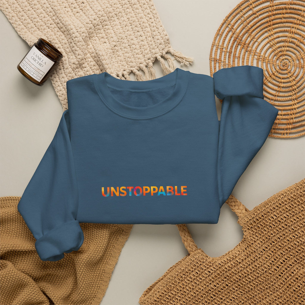 Unstoppable Crewneck Sweatshirt — Inspirational Rainbow Text Pullover