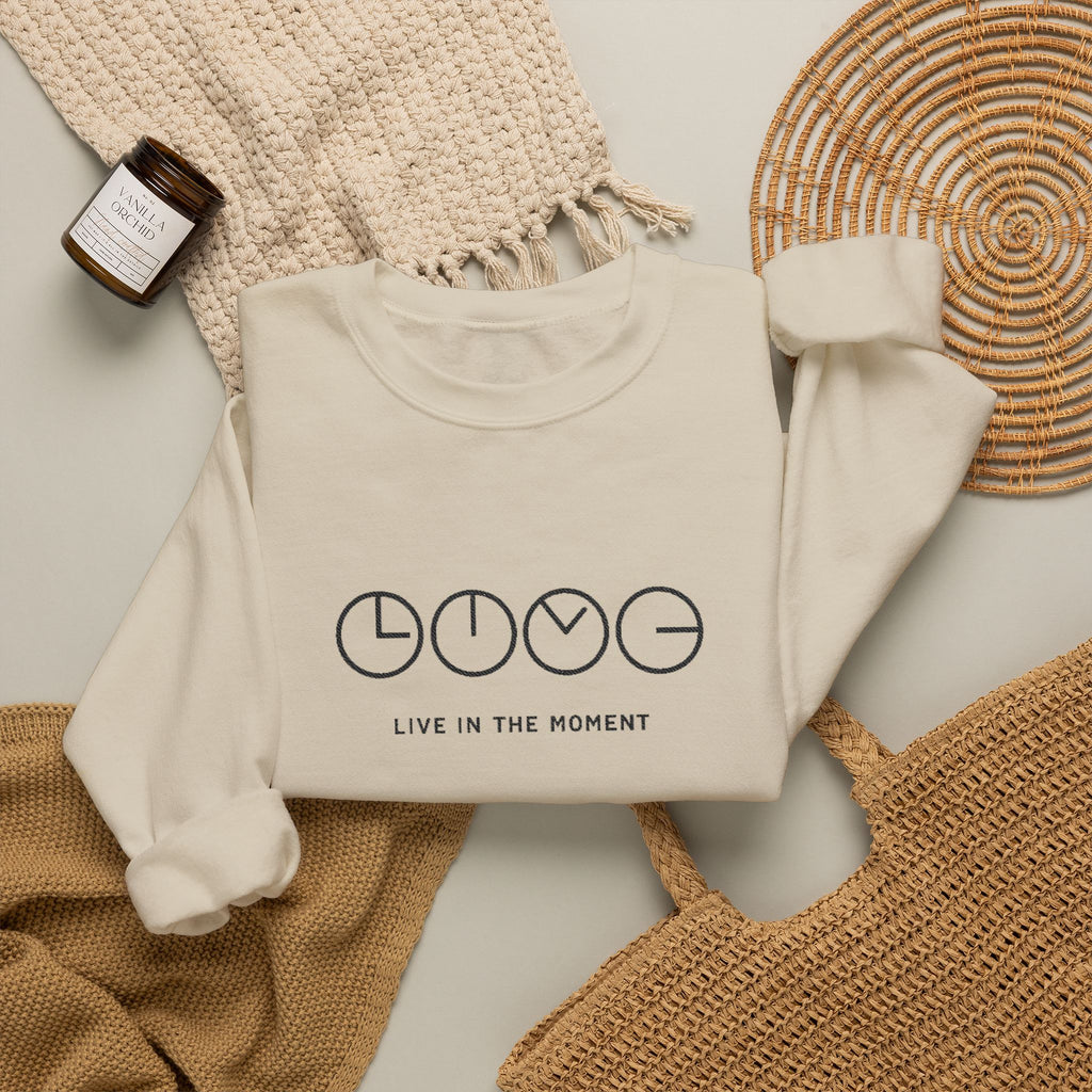 Live In The Moment Crewneck Sweatshirt — Minimal Clock Graphic Embroidered