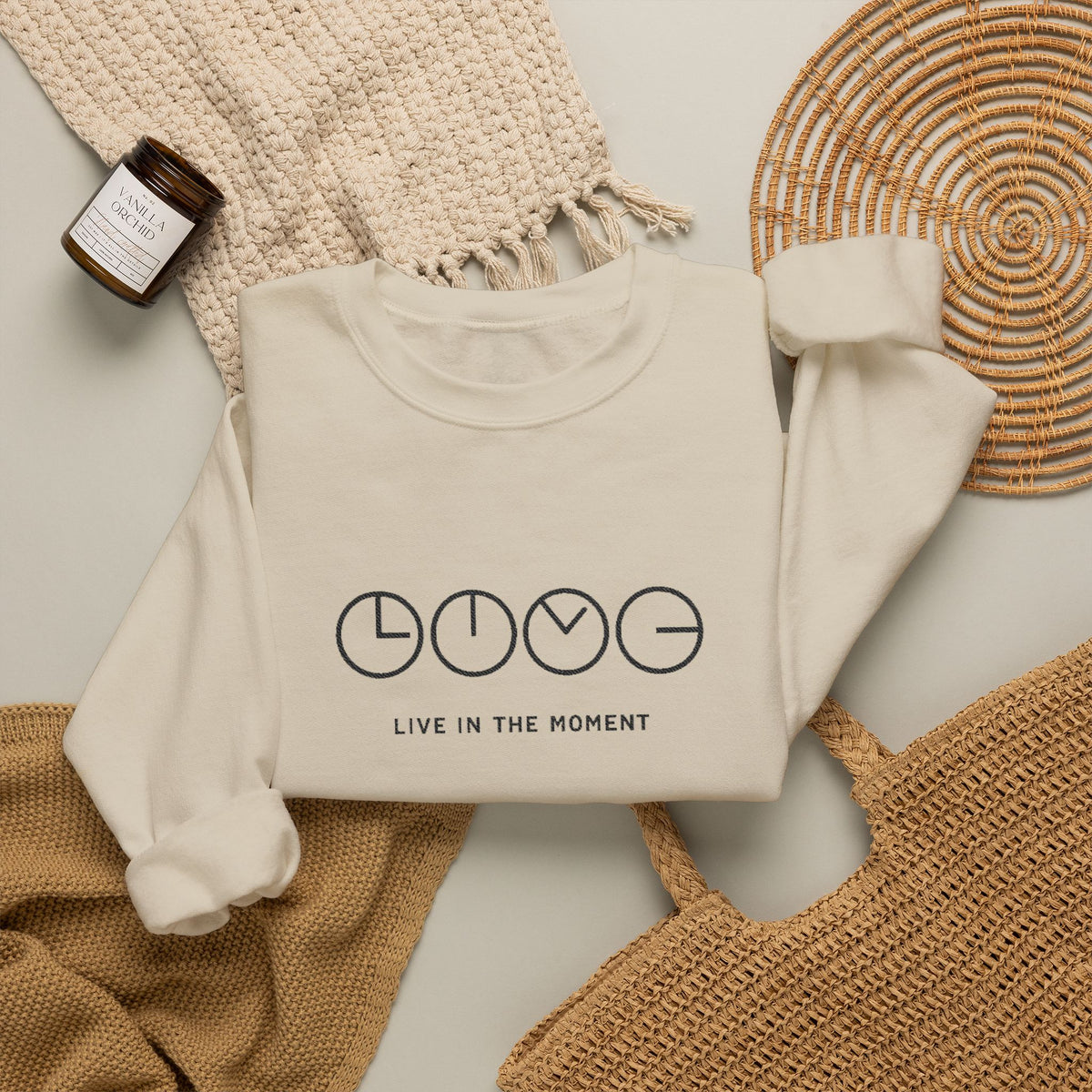Live In The Moment Crewneck Sweatshirt — Minimal Clock Graphic Embroidered