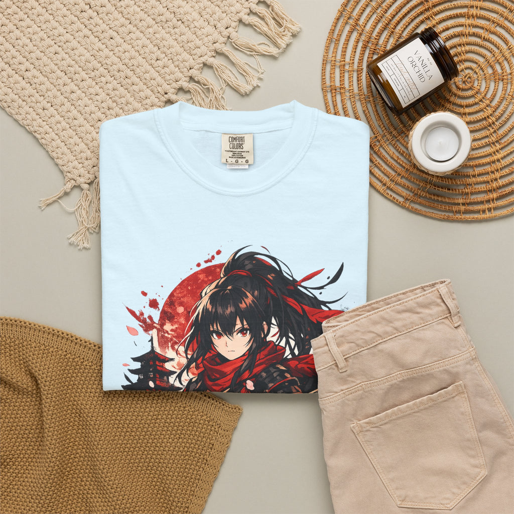 Samurai Anime Girl T-Shirt — Red Moon & Sakura Sword Art Tee