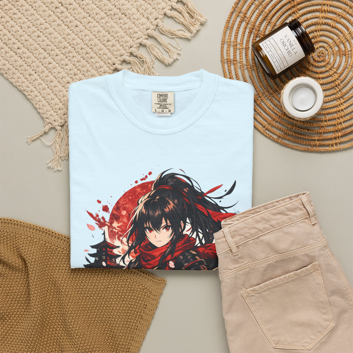 Samurai Anime Girl T-Shirt — Red Moon & Sakura Sword Art Tee