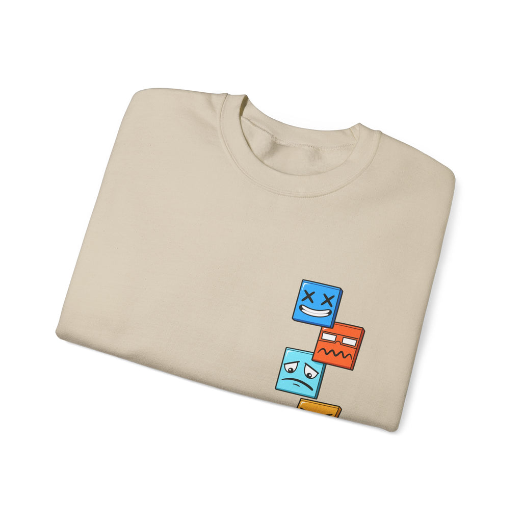Emotional Blocks Crewneck Sweatshirt — Stacked Expressive Face Cubes Graphic