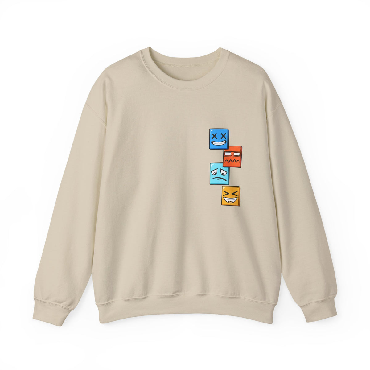 Emotional Blocks Crewneck Sweatshirt — Stacked Expressive Face Cubes Graphic