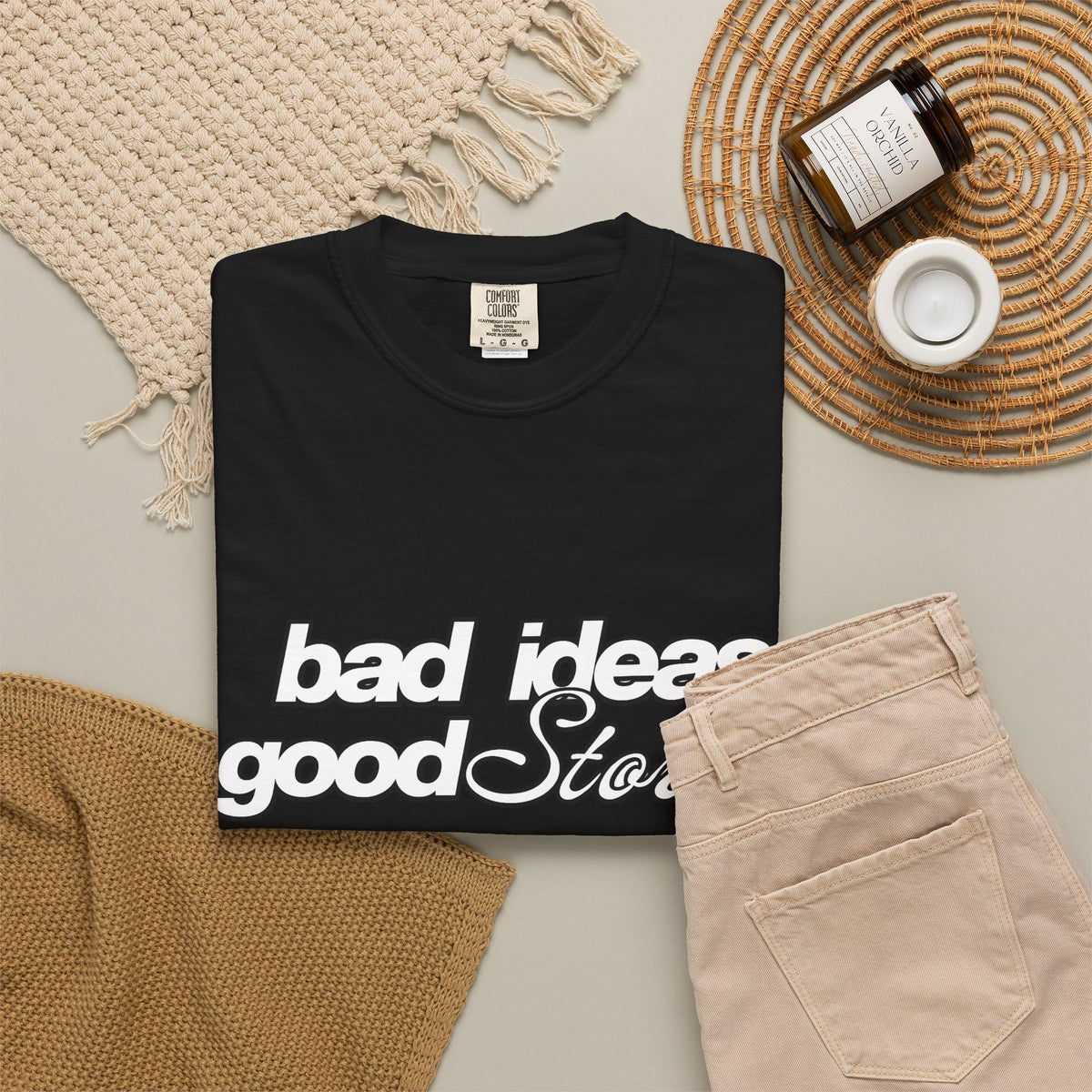 T-Shirt — “bad ideas good stories” Retro Script Tee