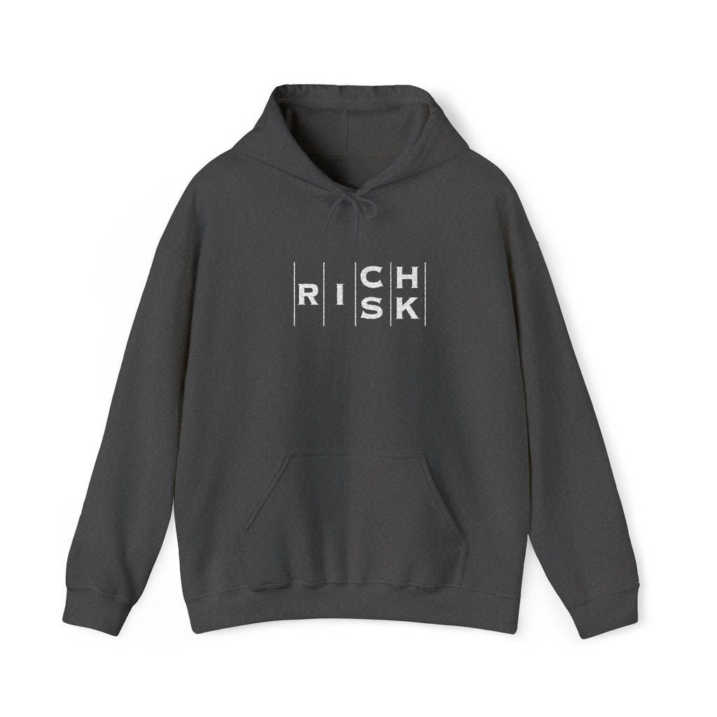 Risk/Reward Graphic Hoodie — “RISK | RICH” Distressed Text Sweatshirt