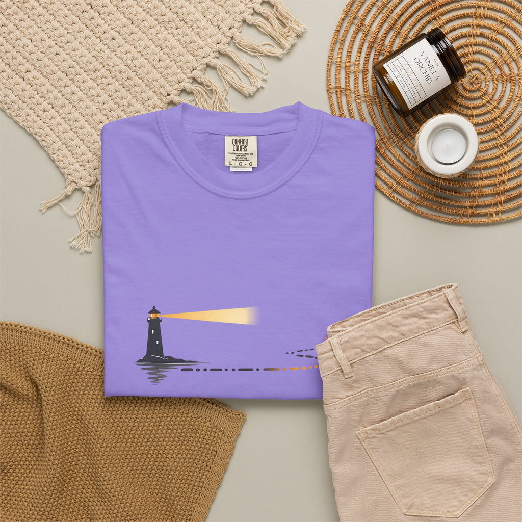 Lighthouse Sunset T-Shirt — Nautical Coastal Tee with Beacon Graphic
