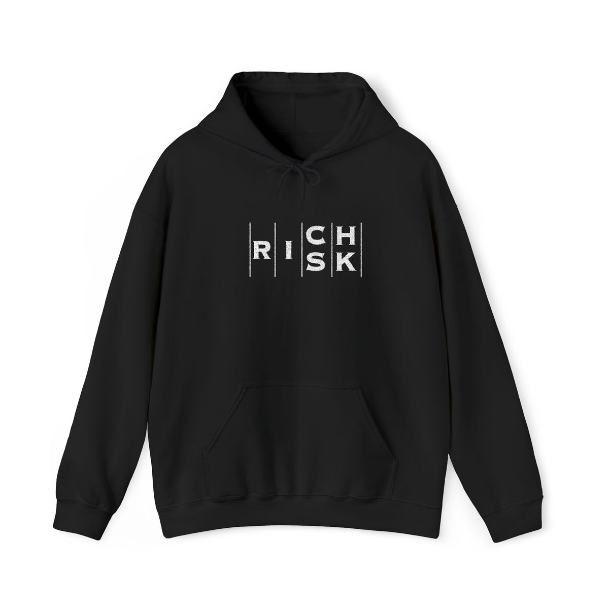 Risk/Reward Graphic Hoodie — “RISK | RICH” Distressed Text Sweatshirt
