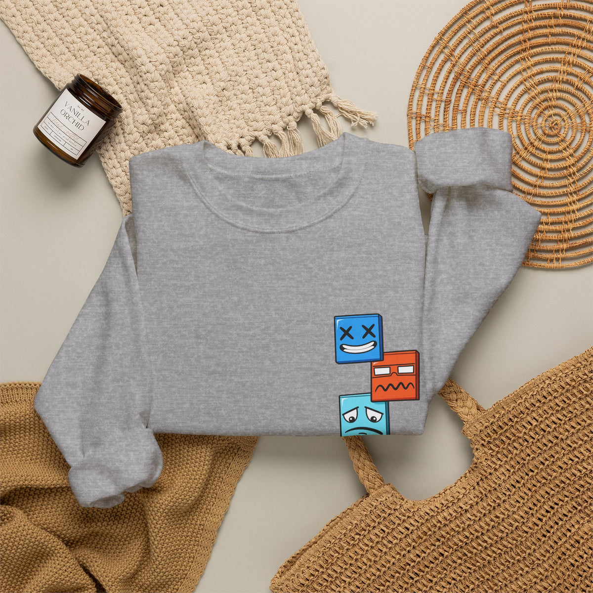 Emotional Blocks Crewneck Sweatshirt — Stacked Expressive Face Cubes Graphic