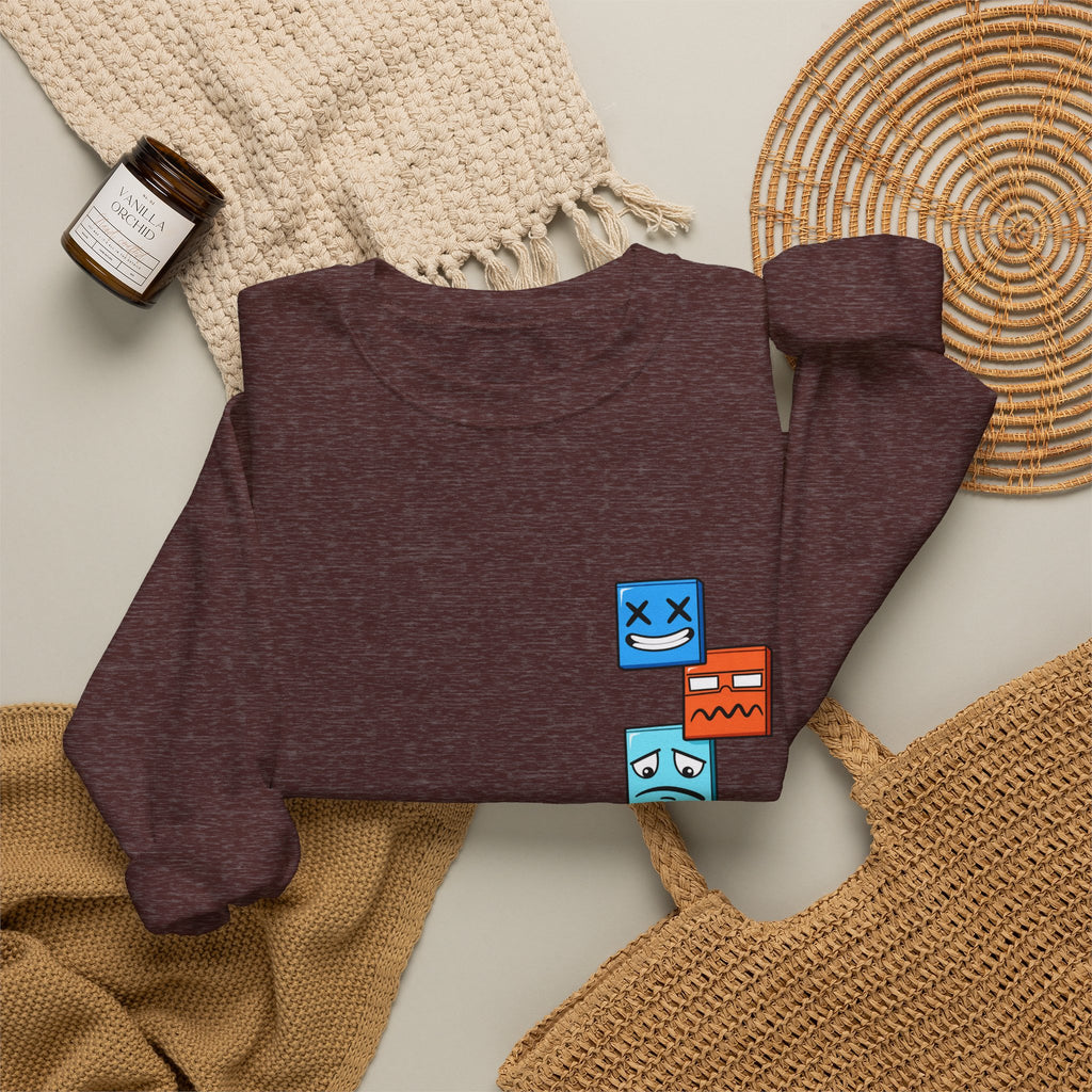 Emotional Blocks Crewneck Sweatshirt — Stacked Expressive Face Cubes Graphic