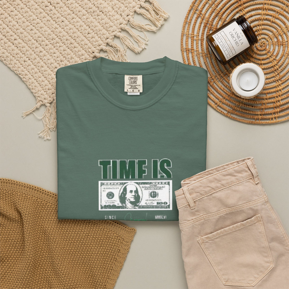 Money Vibe T-Shirt — "TIME IS" Graphic Dollar Bill Tee