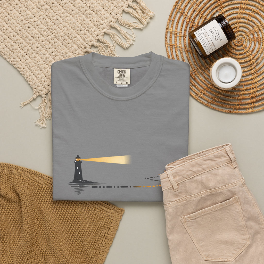 Lighthouse Sunset T-Shirt — Nautical Coastal Tee with Beacon Graphic