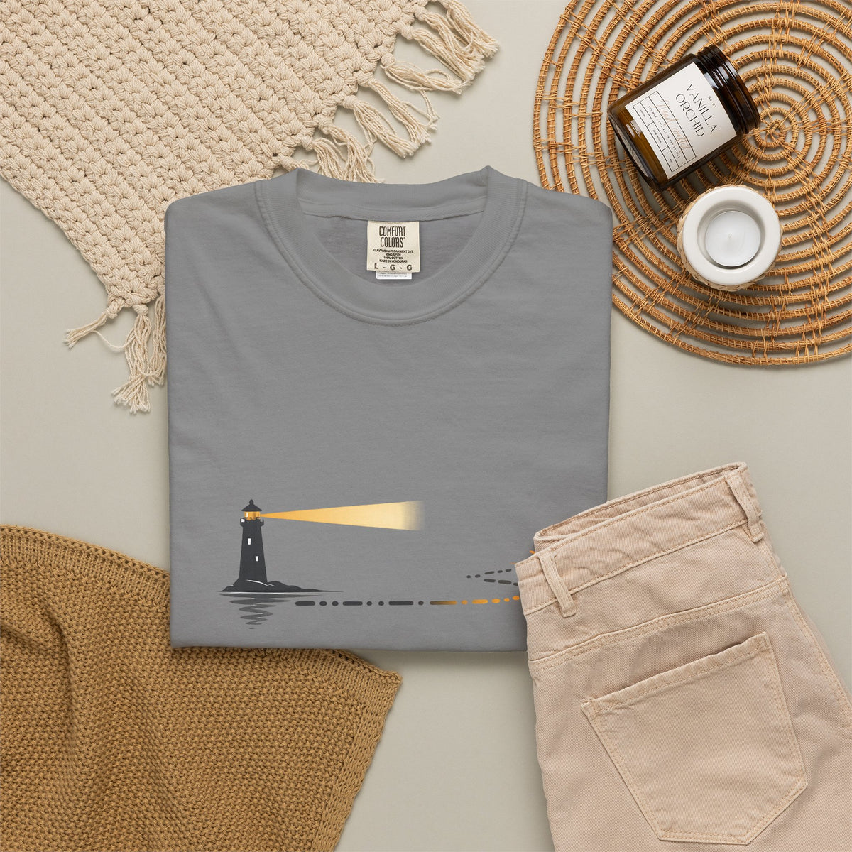 Lighthouse Sunset T-Shirt — Nautical Coastal Tee with Beacon Graphic