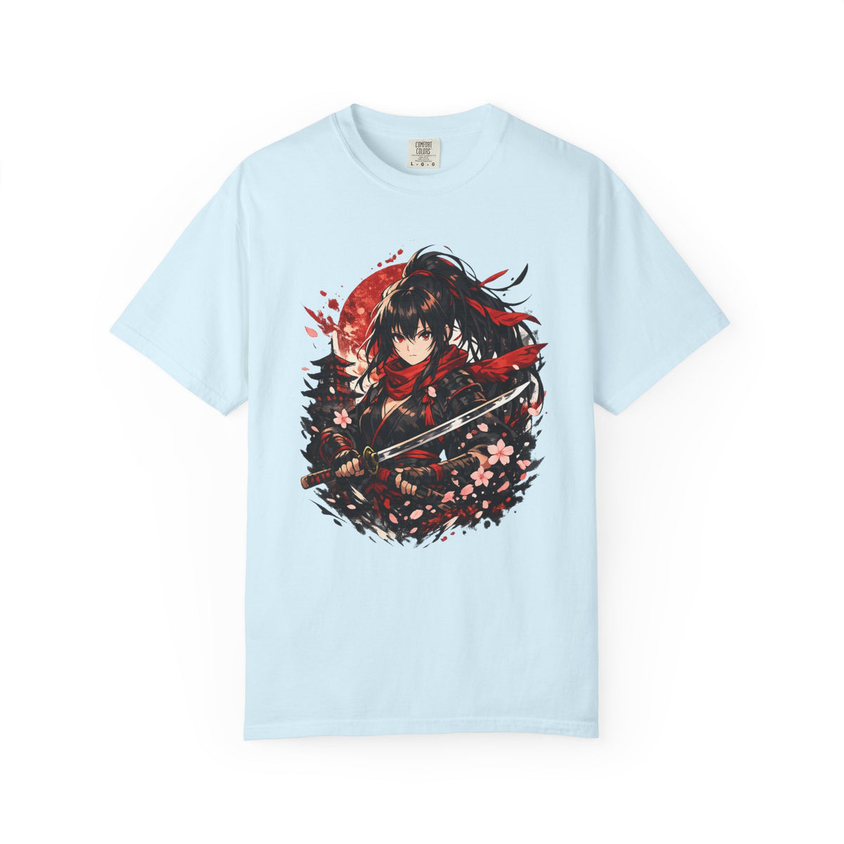 Samurai Anime Girl T-Shirt — Red Moon & Sakura Sword Art Tee