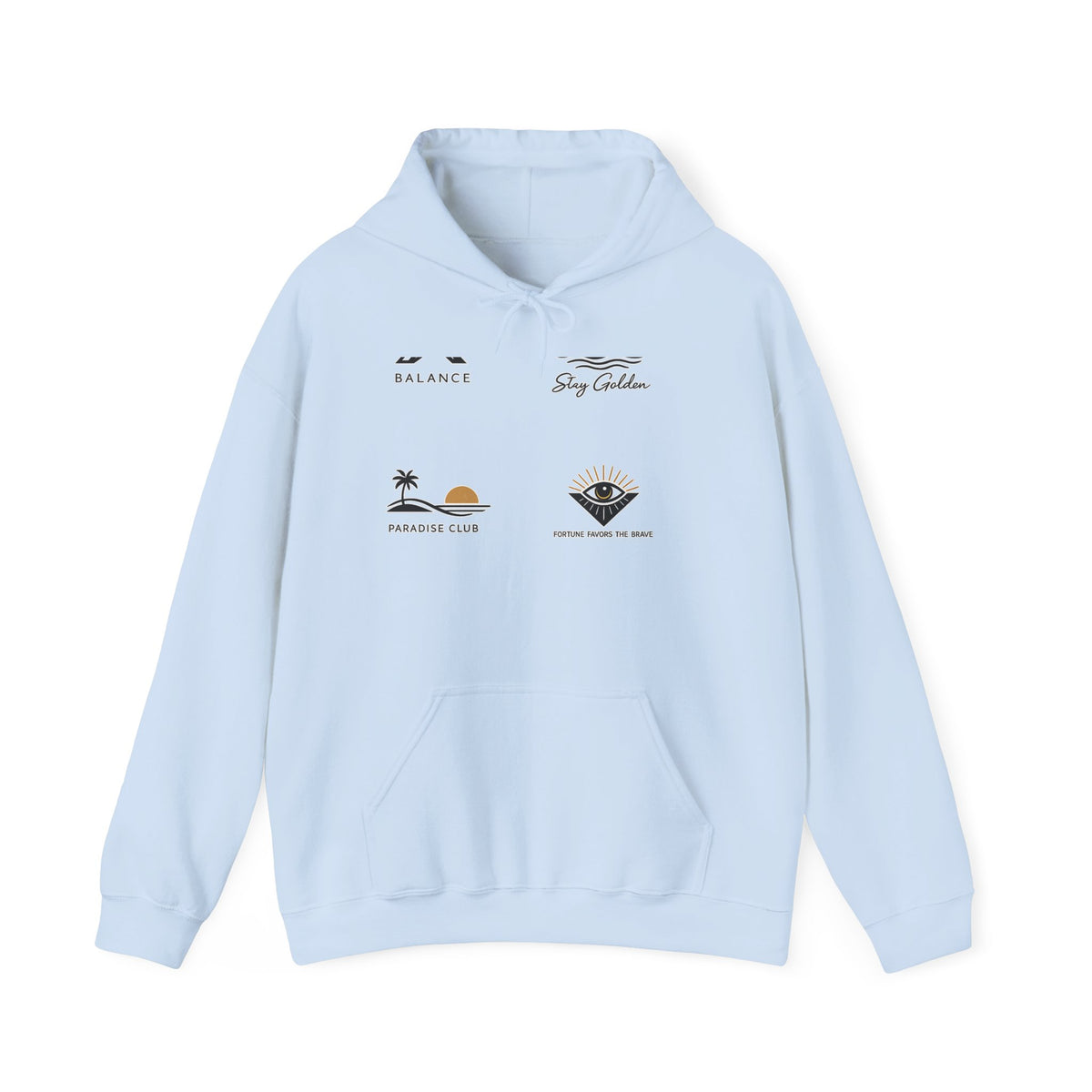 Balance Mountain Hoodie — Minimalist Sunrise Graphic Hooded Sweatshirt