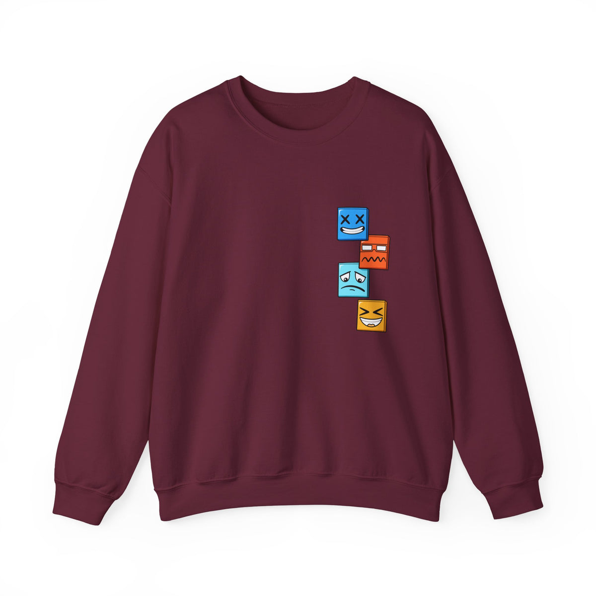 Emotional Blocks Crewneck Sweatshirt — Stacked Expressive Face Cubes Graphic