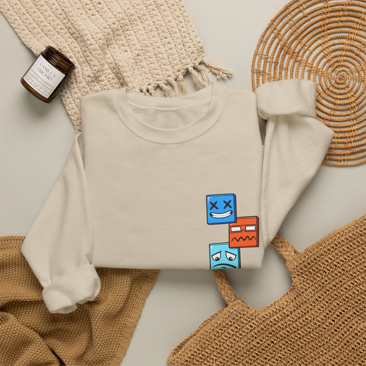Emotional Blocks Crewneck Sweatshirt — Stacked Expressive Face Cubes Graphic