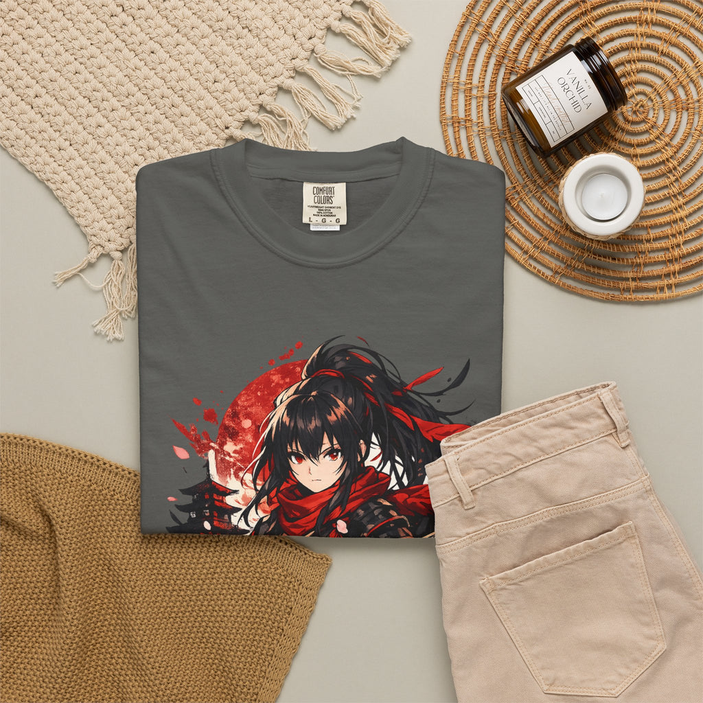Samurai Anime Girl T-Shirt — Red Moon & Sakura Sword Art Tee