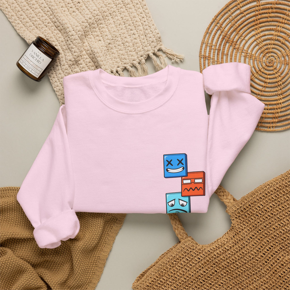 Emotional Blocks Crewneck Sweatshirt — Stacked Expressive Face Cubes Graphic
